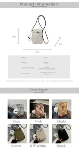 Detail view of mini canvas crossbody bag in six colors with dimensions and plush pendant