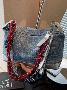 Trendy Women Denim Shoulder Bag With Braided Rope Strap Metallic Patchwork Underarm Crossbody Bag Urban Minimalist Versatile Daily Bag