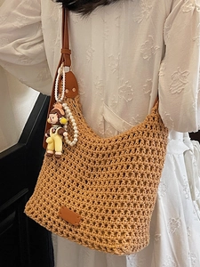 Summer khaki woven cotton shoulder tote bag with brown leather straps and cute pendant