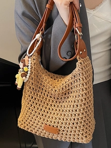 Chic large capacity cotton woven bucket bag with leather straps and cute doll pendant