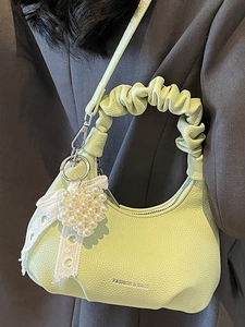 Light green mini pleated handbag with pearl heart charm and silver chain strap