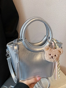 Borsa a Secchiello Donna in Pelle PU Stile Coreano Con Manico Rotondo Borsa a Tracolla Con Ciondolo a Orsetto Patchwork