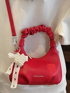 Mini red pleated handbag for women with pearl heart charm and white lace ribbon detail