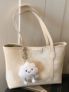 Large Capacity PU Leather Marble Pattern Shoulder Tote Bag For Women With Cloud Plush Pendant Casual Minimalist Handbag