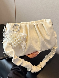 Petit Sac Carré Plissé de Style Français pour Femme avec Pendentif Cœur en Künstliche Perle et Nœud en Dentelle Sac Bandoulière PU