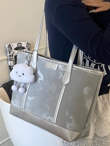 Minimalist silver grey marble pattern tote bag with shoulder strap and cloud charm