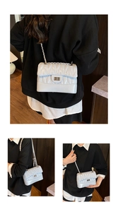 Three views of a light blue quilted chain bag with silver turn-lock and glossy finish