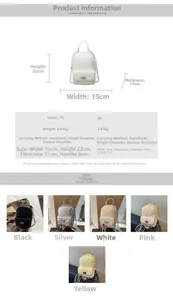 Quilted mini backpack dimensions and color selection in black, silver, white, pink and yellow