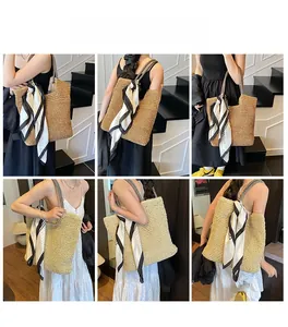 Detail shots of large woven straw tote bag with striped scarf and versatile carrying options