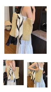 Detailed views of a large straw tote bag with geometric silk scarf and striped handles