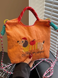 Cute Dachshund Embroidery Canvas Bucket Bag For Women Woven Strap Shoulder Crossbody Phone Bag Daily Japanese Style Bag