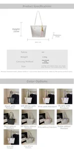Detailed dimension guide and color options for large capacity geometric tote bag
