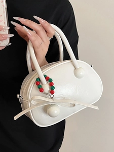 Minimalist white bowling bag with leather bow and beads for women's summer style