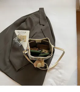 Top view of printed bucket bag interior showing spacious storage for essentials