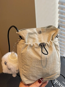 Women Lightweight Fabric Crossbody Bag Simple Drawstring Mobile Phone Bag With Plush Monster Pendant Fashion Casual Shoulder Bag