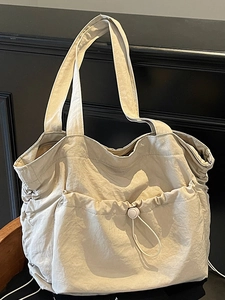 Women Large Capacity Nylon Commuter Tote Bag Lightweight Drawstring Shoulder Bag Casual Urban Minimalist Solid Color Handbag