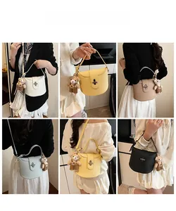 Collage of chic shoulder bags in various colors with a cute plush bear charm detail