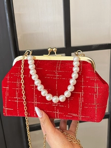 Sac Coquille en Velours Vintage Avec Poignée en Künstliche Perle Chaîne à Grille Dorée Sac de Soirée Pour Femmes Mode Banquet Sac à Main