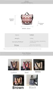 Size chart for large canvas tote bag showing dimensions 42x36x14cm and color options