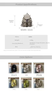 Detailed dimensions of the casual nylon backpack with its multi-color options display