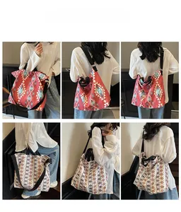 Detail view of ethnic geometric print canvas tote bags showing side and back styling options