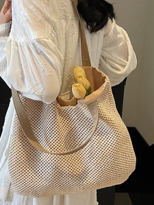 Handmade woven cotton straw tote bag with large capacity for beach vacation and casual use