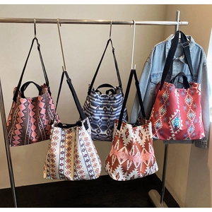 Detail of diverse canvas tote bags with ethnic geometric prints and adjustable straps