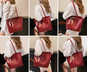 Collage of wine red tote bag with decorative scarf worn on shoulder in various poses