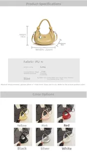 Detailed dimensions for the crescent bag showing 22cm width and 14cm height plus color range
