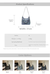 Detailed size chart and parameter overview for the denim tote with pearl chain and bow