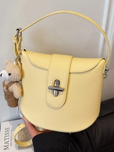 Women PU Leather Litchi Texture Shoulder Bag Minimalist Bucket Crossbody Bag With Bear Pendant For Daily Commute Fashion