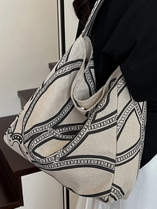 Minimalist canvas tote bag with black rope pattern print for women, large capacity shoulder bag
