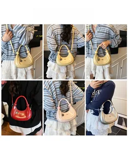 Detailed views of crescent leather bag in multiple colors with chain straps and charms