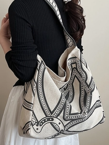 Chic printed canvas tote bag with geometric rope pattern for women in minimalist style