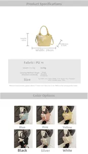 Detailed dimension guide and color options for the PU bucket bag with heart pendant