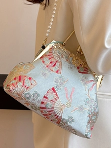 Blue silk oriental embroidery evening bag with pearl chain and floral gold clasp