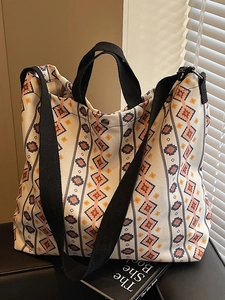 Women Large Capacity Canvas Tote Bag Ethnic Geometric Print Shoulder Crossbody Bag Bohemian Fashion Commuter Shopping Handbag