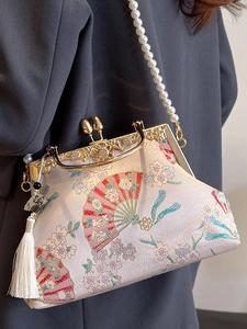 Elegant white satin embroidery qipao bag with pink floral patterns and pearl chain strap