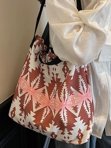 Large capacity canvas tote bag with geometric ethnic print and comfortable shoulder straps
