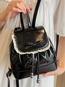 Sac à dos noir chic pour femmes style balletcore avec dentelle et nœud décoratif élégant