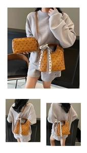 Detailed view of brown printed tote set with cute bear pattern and plaid bow accessory