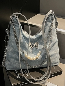 Y2K Women Denim Hobo Shoulder Bag With Butterfly Pendant Artificial Pearl Chain Large Capacity Rhinestone Tote Handbag Casual Travel Bag