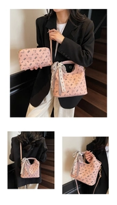 Pink tote set with bear prints, inner pouch, silk scarf, and detachable strap detail