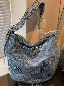 Women Large Capacity Denim Shoulder Bag Retro Contrast Stitching Multi Pocket Hobo Bag Washed Jeans Crossbody Tote Bag
