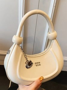 Fashion Women PU Leather Crescent Hobo Bag Glossy Solid Color Shoulder Bag With Metal Pendant Minimalist Crossbody Bag