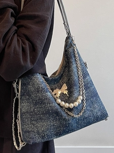 2025 Large denim tote bag with rhinestones, chain straps and butterfly charm detail