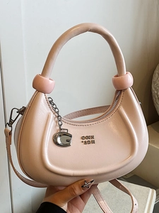 Pink minimalist crescent hobo bag with glossy finish and metallic G pendant details