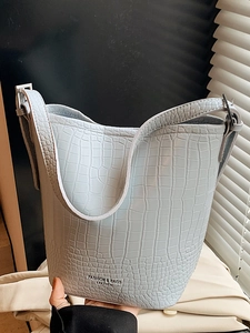Fashion light blue crocodile pattern bucket bag with spacious minimalist leather design