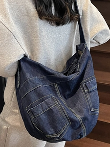 Large denim crossbody hobo bag in dark blue with contrast stitching for women