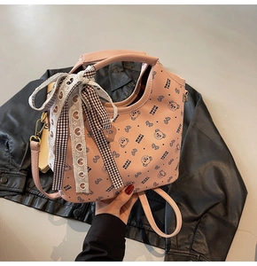 Pink PU leather tote with cute cartoon bear prints and decorative lace bow details